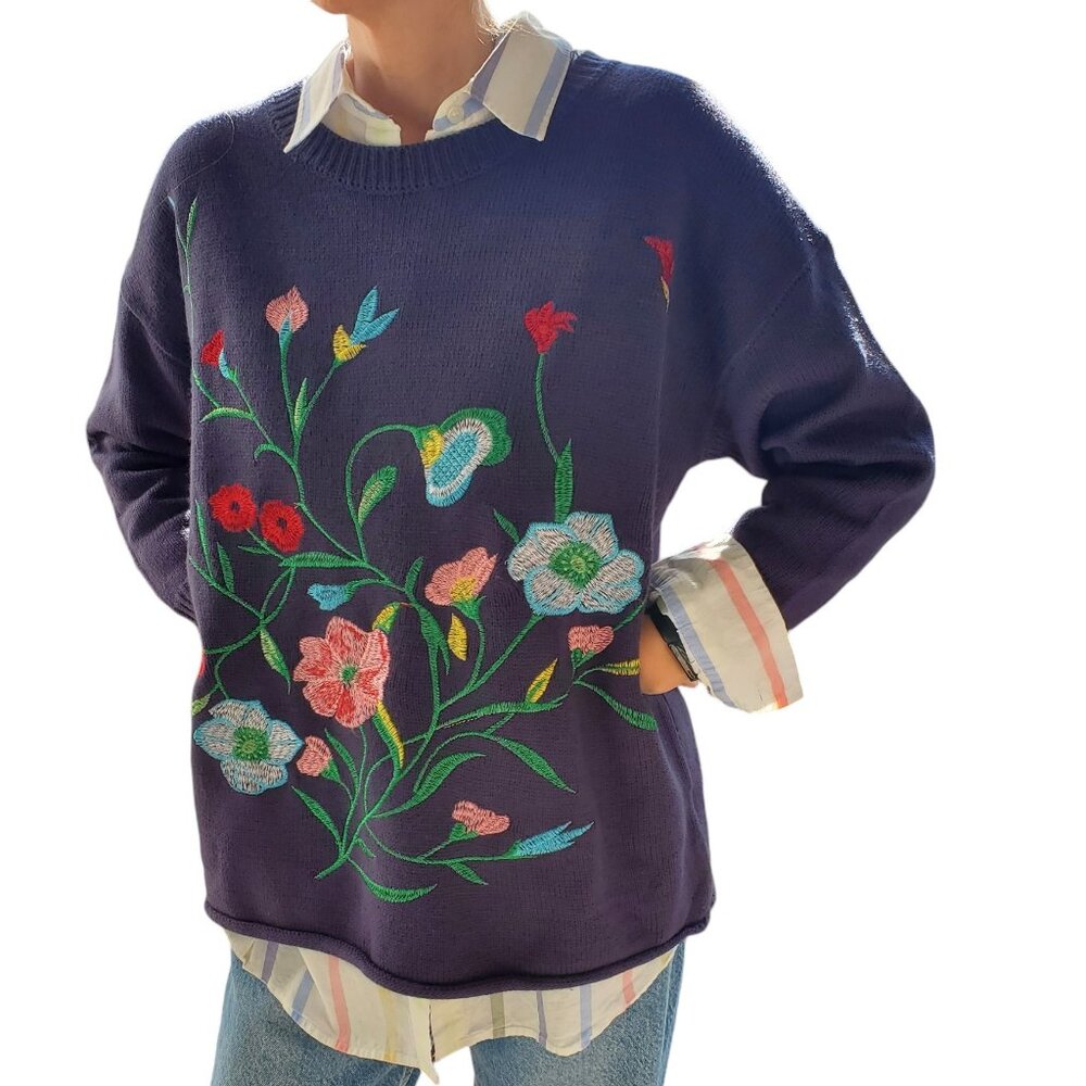 Unique Dark Blue / Nay Floral Embroidered Sweater One Size